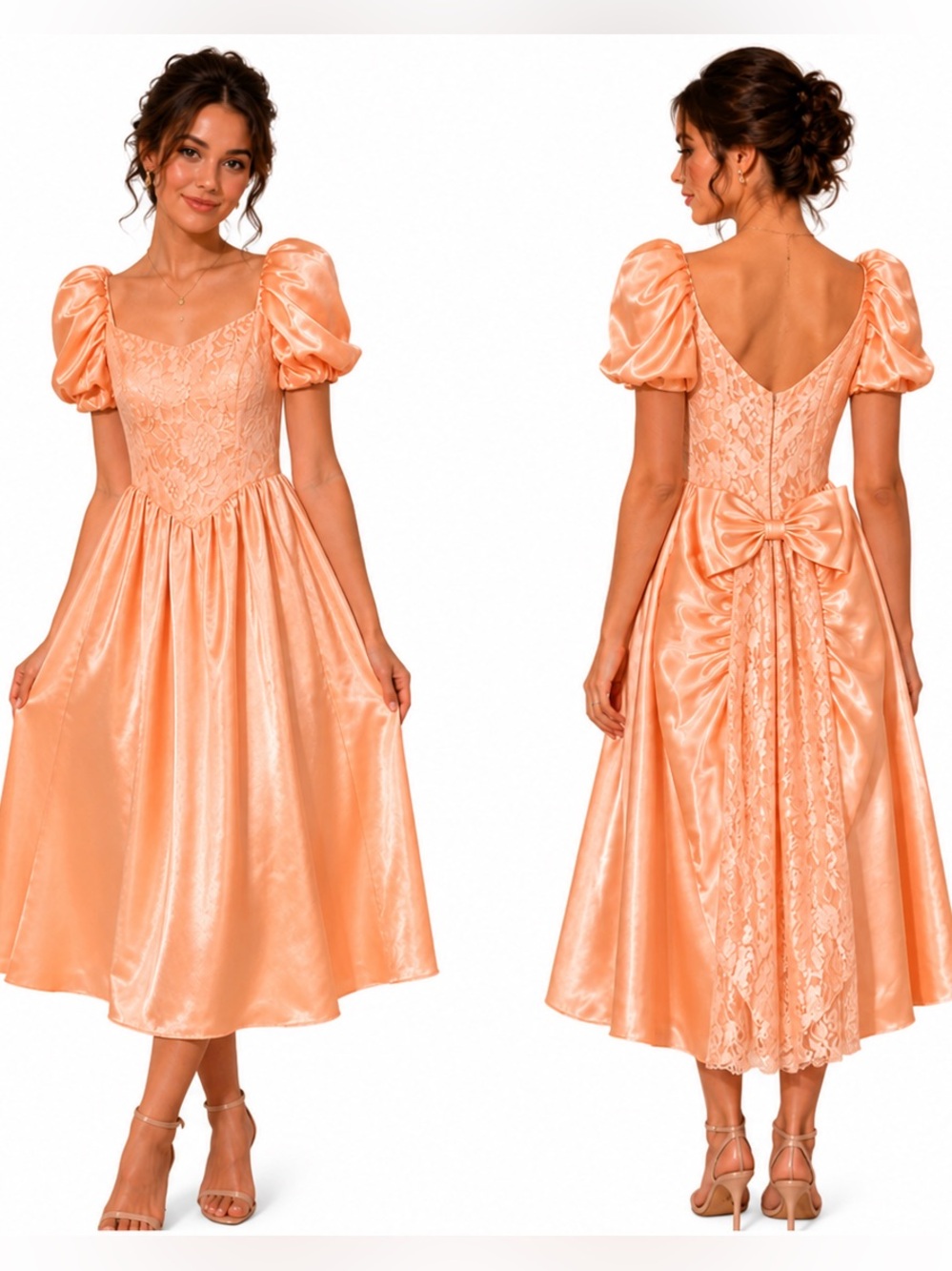 Vintage 80s Peach Lace & Satin Prom Dress